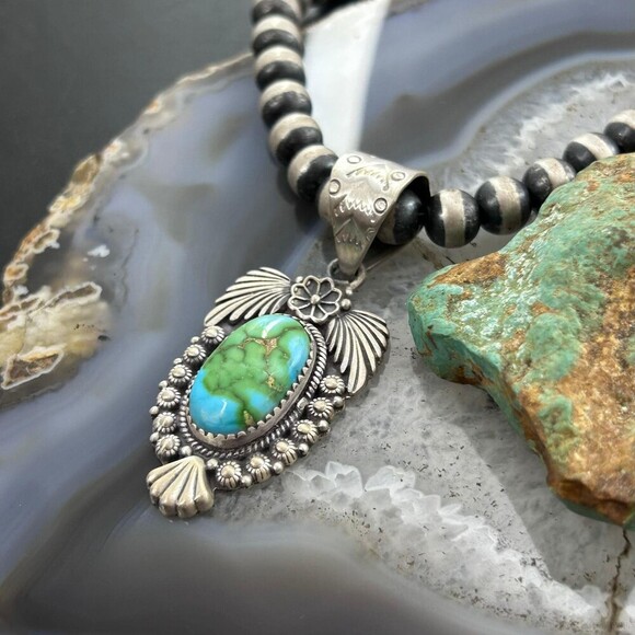 Sterling Southwestern Style Oval Sonora Gold Turquoise Leaves Decorated Pendant - Picture 5 of 10